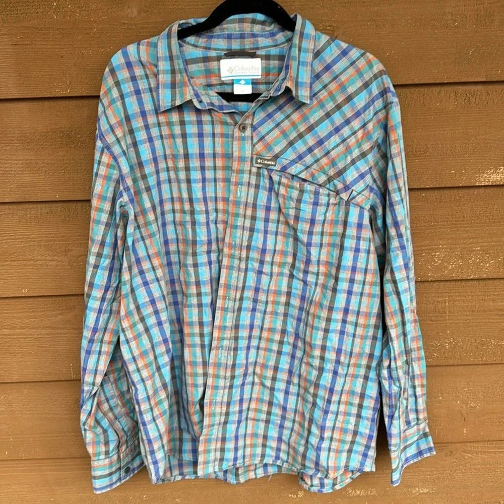 Columbia blue and gray plaid long sleeve button up men’s shirt size XL